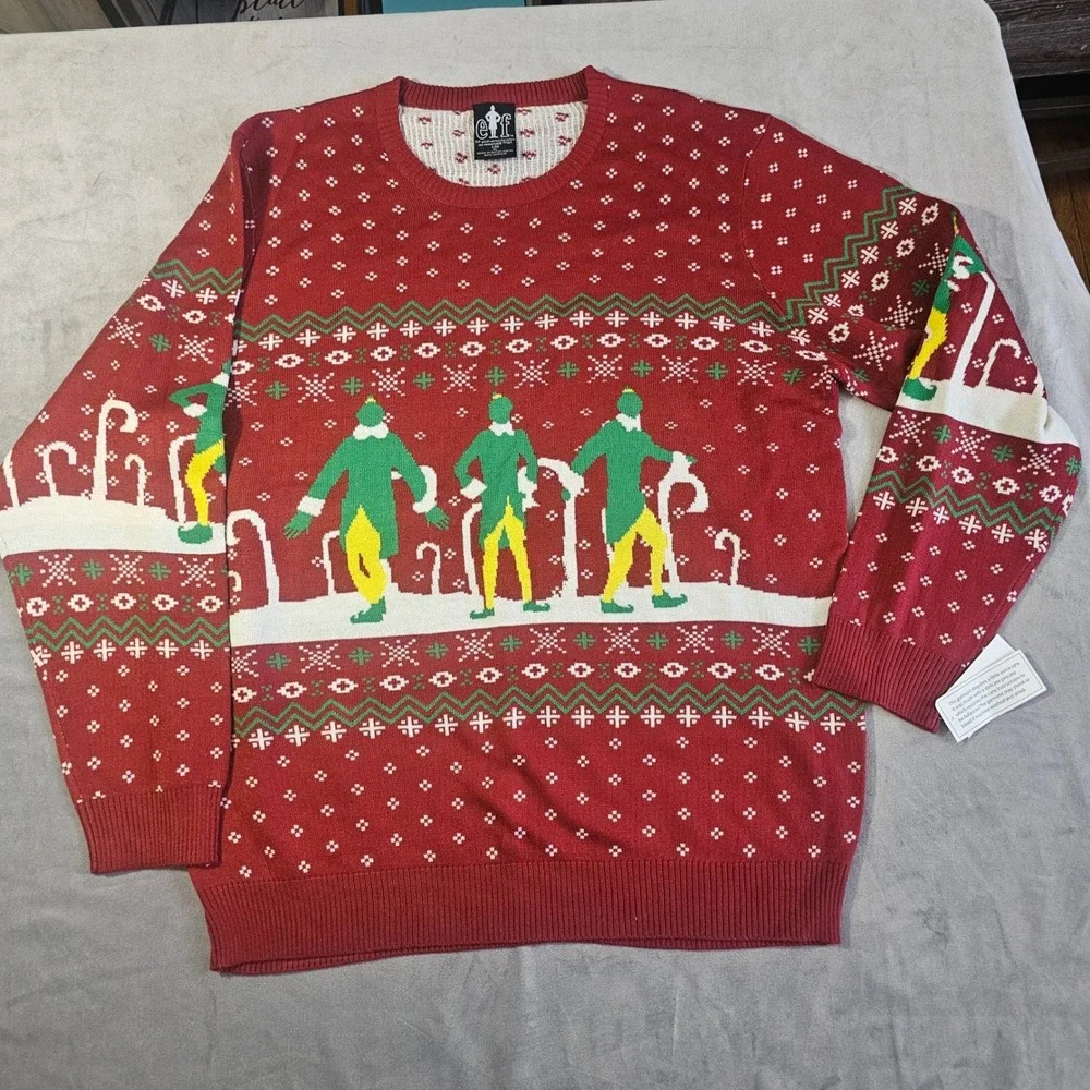Elf‎ Movie Buddy The Elf Mens Ugly Christmas Sweater Red Fair Isle XL New